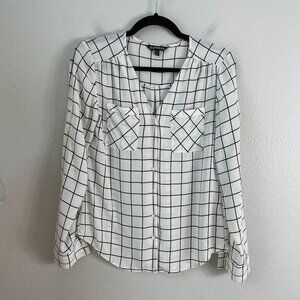 Express Womens XS White Black Grid Pattern Button Up Blouse Roll Tab Sleeve Top